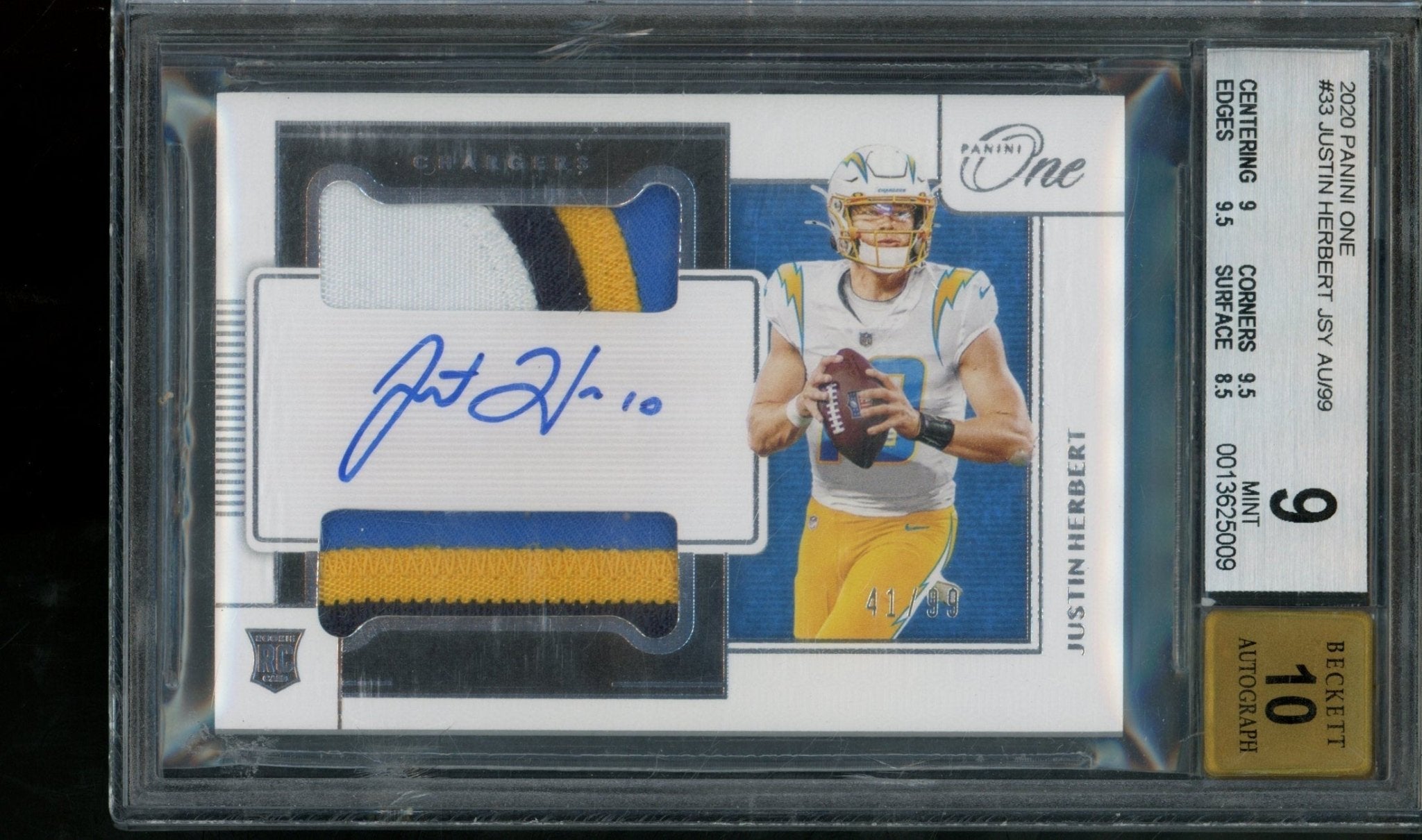 2020 Panini One Justin Herbert Dual Rookie Patch Autograph /99 BGS 9/10 Chargers - Image 1
