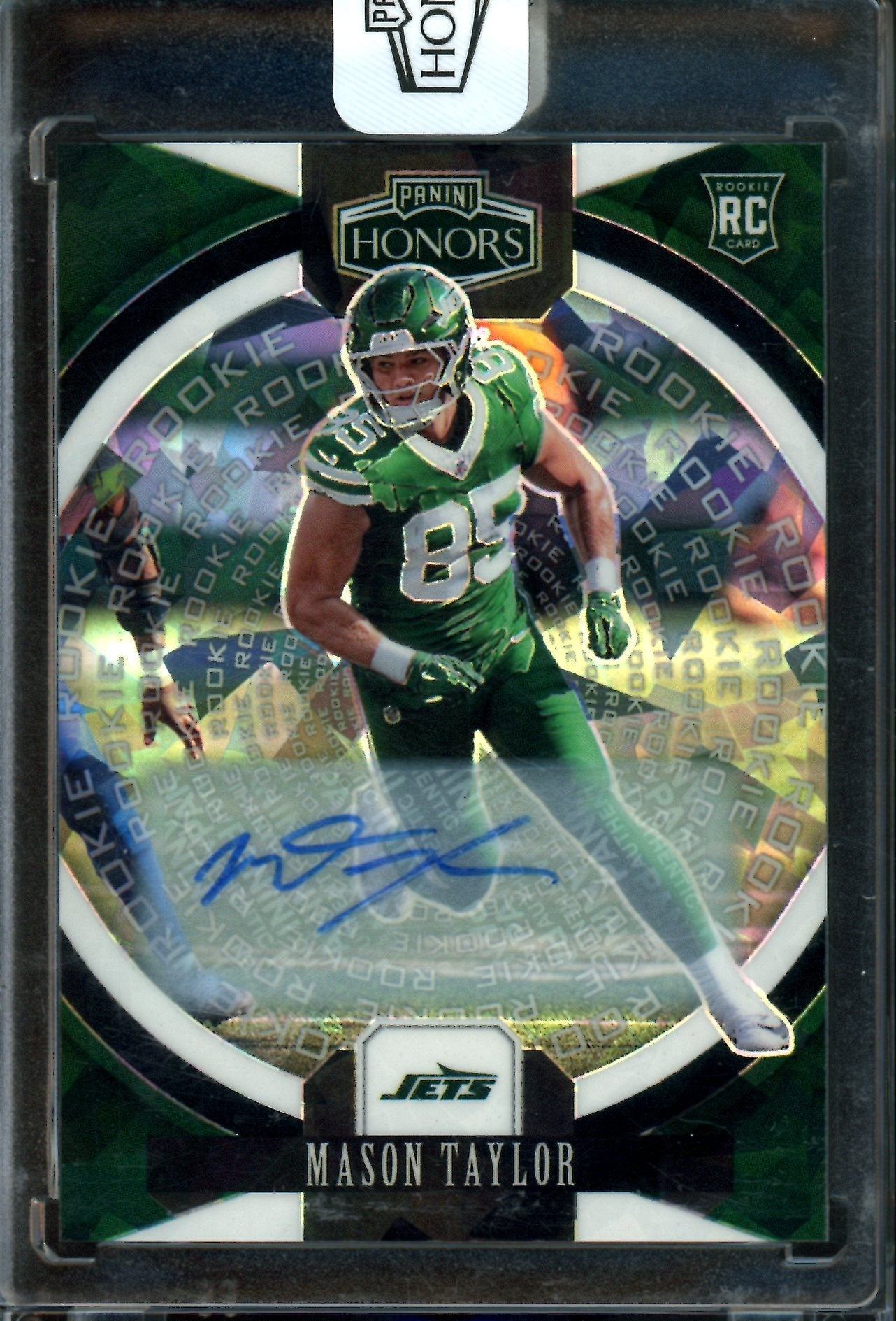 2025 Panini Honors Mason Taylor 1/1 Rookie Cracked Ice Autograph Encased Jets - Image 1