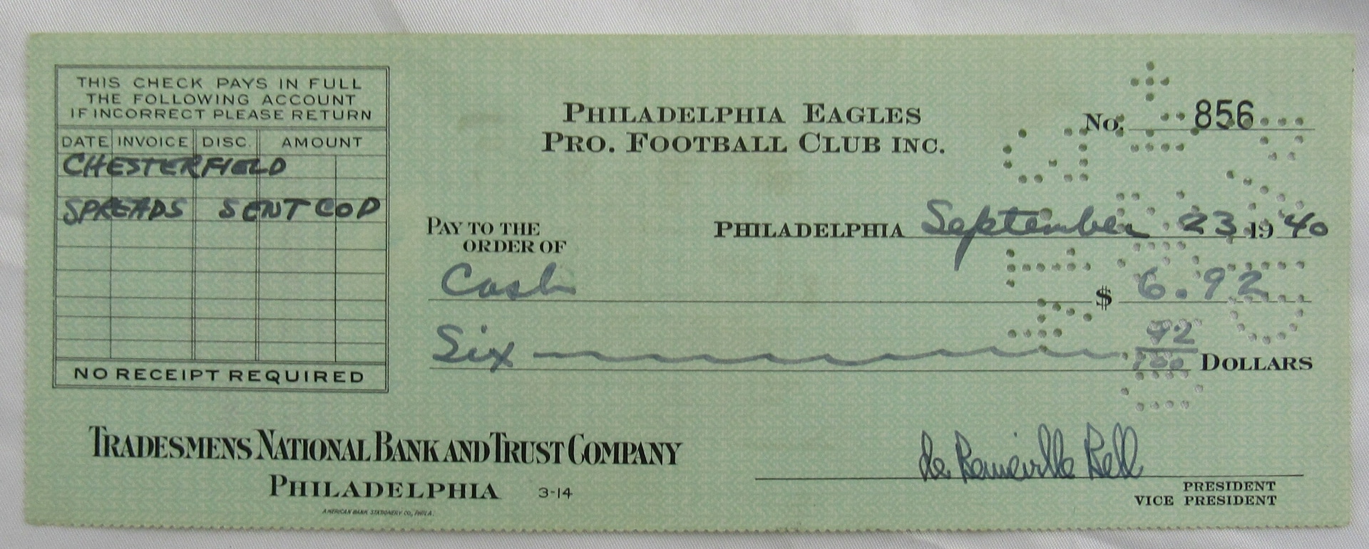 Bert Bell Multi Signed Auto Eagles Check JSA CM07467 - Image 1