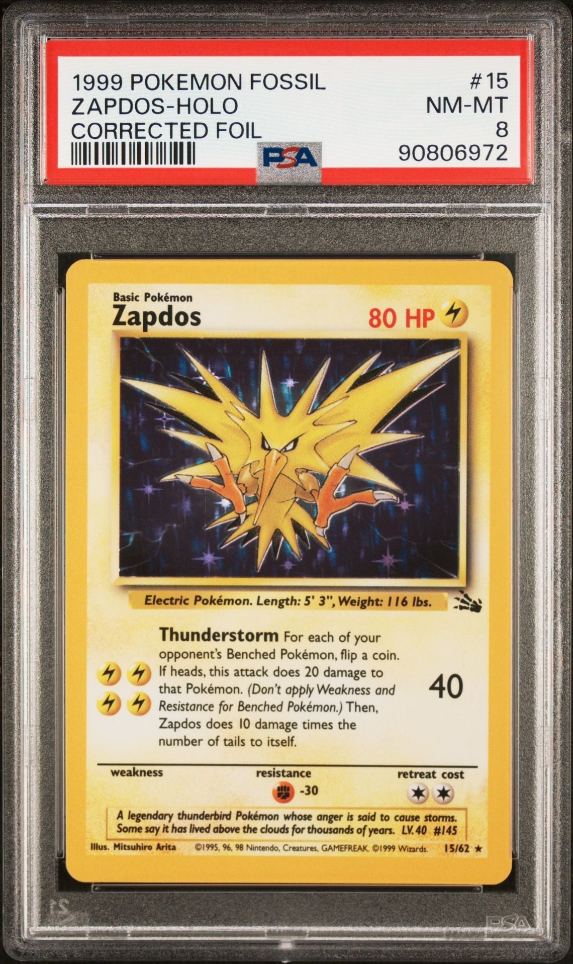 PSA (NM-MT 8) Zapdos - Holo #15 (Corrected Foil) - Pokémon Fossil (#90806972) - Image 1